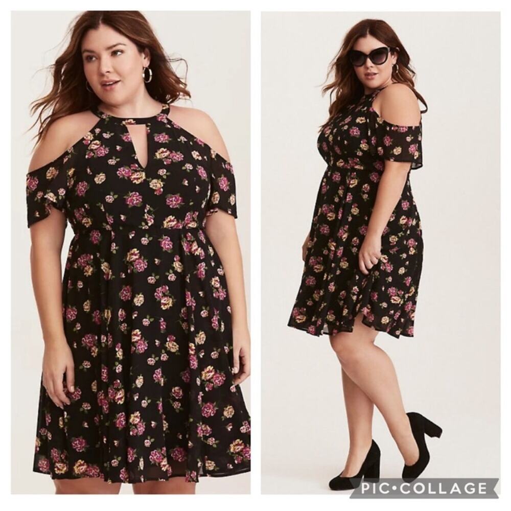 Torrid black pink yellow floral cold shoulder midi dress size 16 NWOT flawed